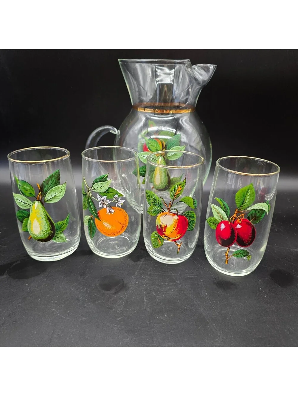 Vtg West Virginia Glass Orchard Fruit Pitcher 4 Tumblers Salt Pepper Shakers